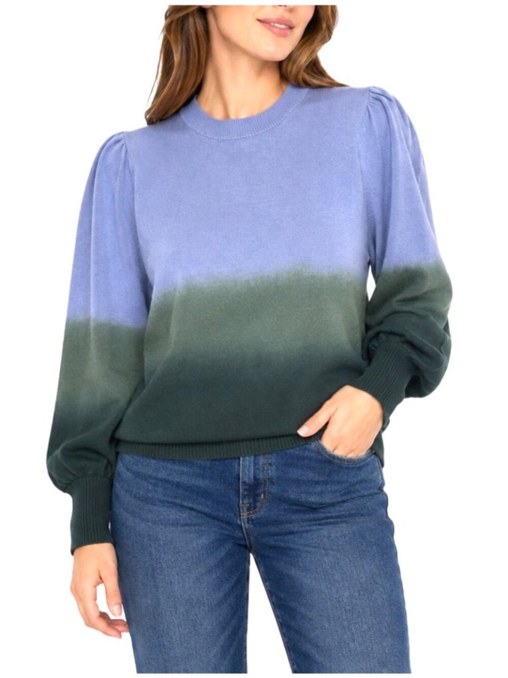 Vera Wang Sweater Womens L Blue Green Ombre Poet Sleeve Heritage Scandi Cottage